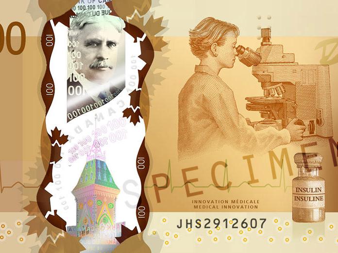 캐나다의 100달러 지폐를 가까이에서 보면 여러 가지 중에서 자이스 현미경이 보입니다.