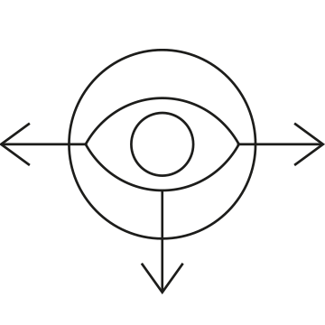 원 안에 눈이 있으며 왼쪽, 아래쪽, 오른쪽에 화살표가 있는 아이콘.
