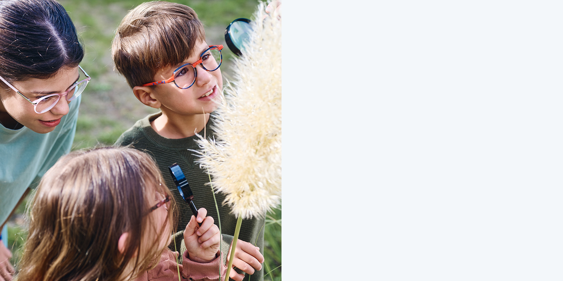 자이스 마이오케어 렌즈를 착용한 2명의 소녀와 1명의 소년. 아이들이 식물을 보고 있는데, 3명 중 2명은 돋보기를 통해 식물을 보고 있다.