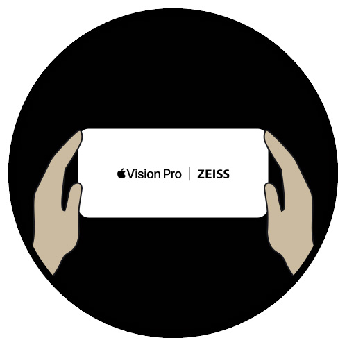 Apple Vision Pro와 ZEISS 로고가 있는 하얀색 상자를 손에 든 모습이 그려진 그림.