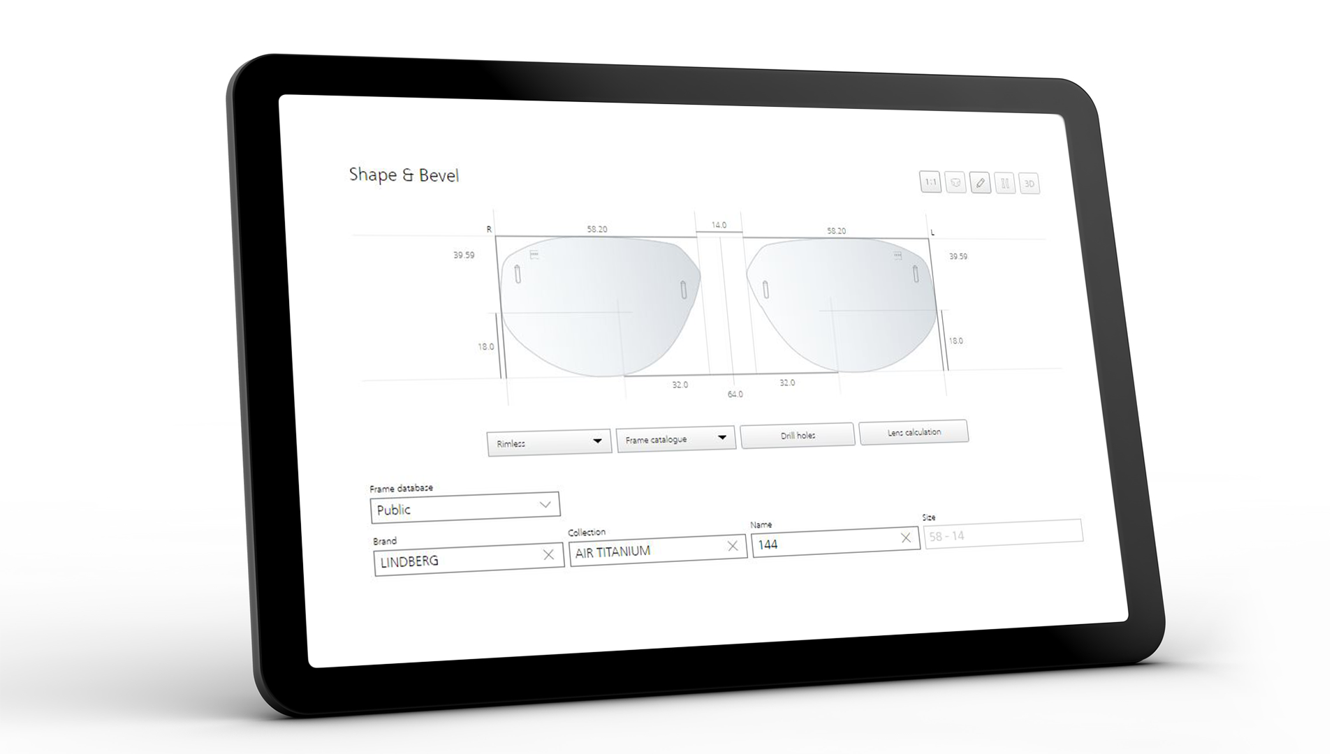 형태 및 베벨에 대한 자이스 비주스토어 인터페이스를 보여주는 태블릿 화면 
