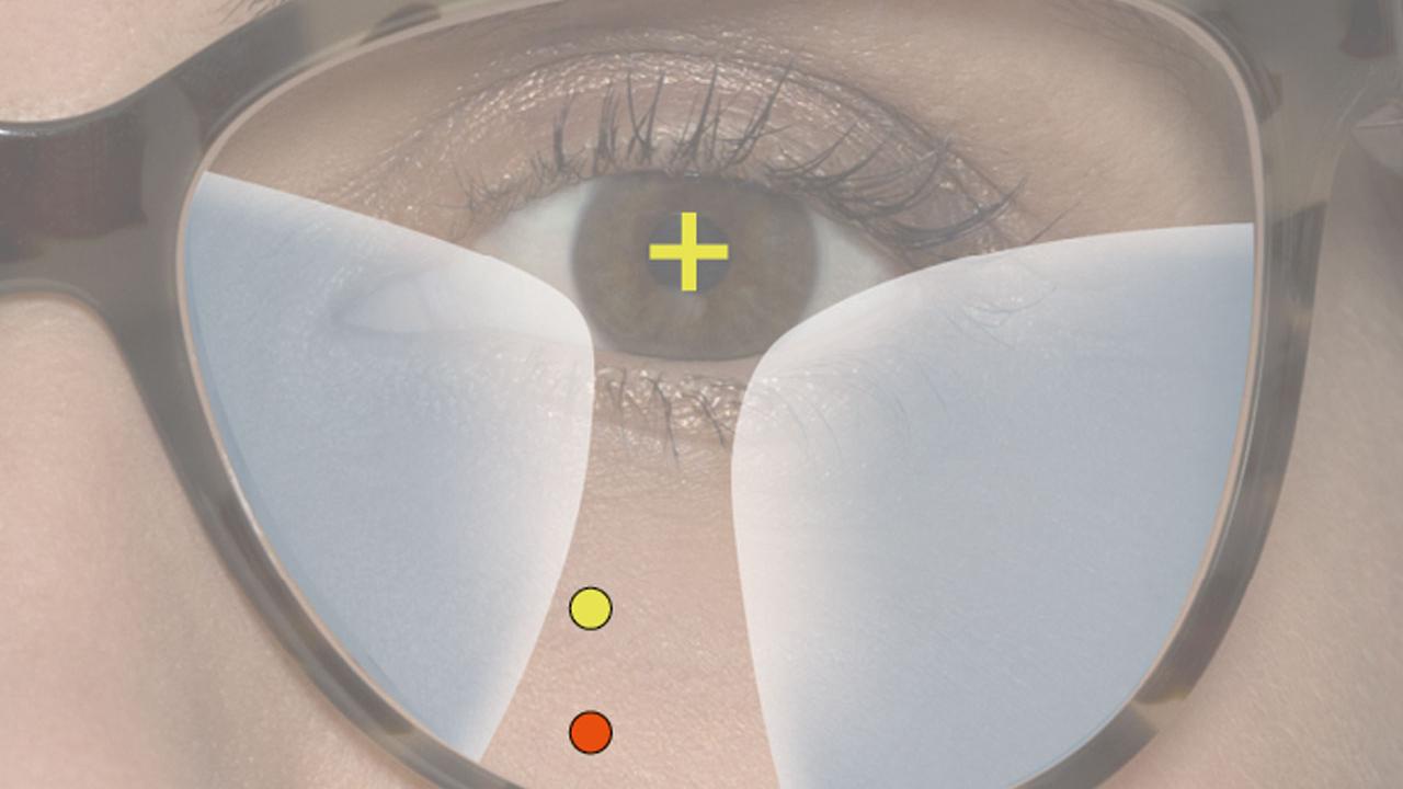 기존 누진 렌즈를 더 큰 새 안경테에 끼우면, 렌즈의 훨씬 낮은 위치에 있는 영역(빨간 점)을 통해 보게 되므로 시습관을 바꿔야 합니다.