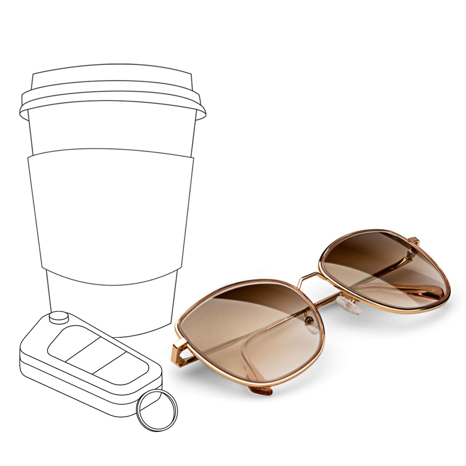 브라운 그라데이션 색상의 자이스 선렌즈의 실제 이미지 옆에, 커피 컵과 자동차 키 그림이 그려져 있다.