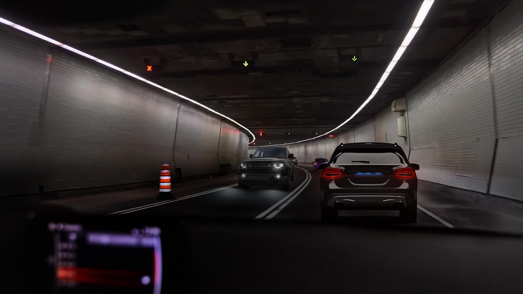 차량이 통행 중인 터널에서 운전자의 시점으로 본 두 개의 모습. 한 이미지에서는 차량 불빛과 터널 조명 때문에 눈부심을 느끼며 다른 이미지에서는 눈부심을 훨씬 적게 느낀다.