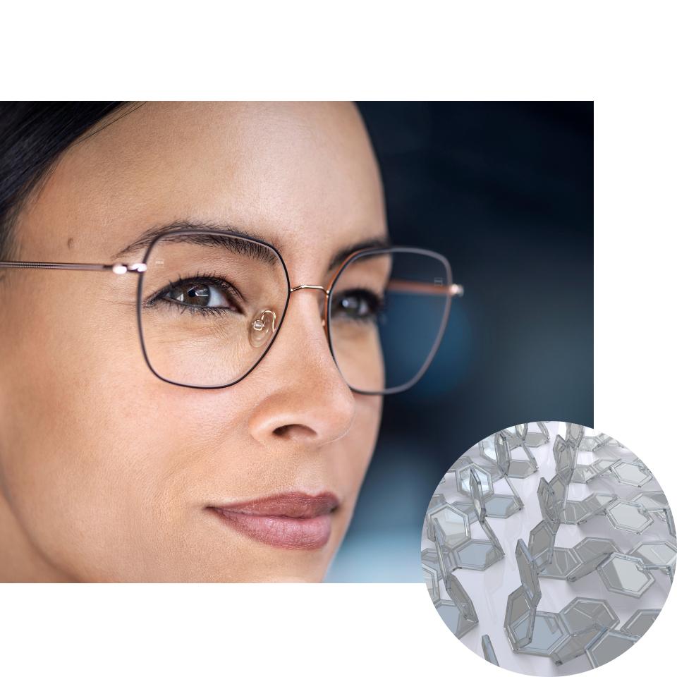 투명한 상태의 자이스 포토퓨전 X 안경을 착용하고 있는 여성과 접힌 염료 화합물의 투시도. 