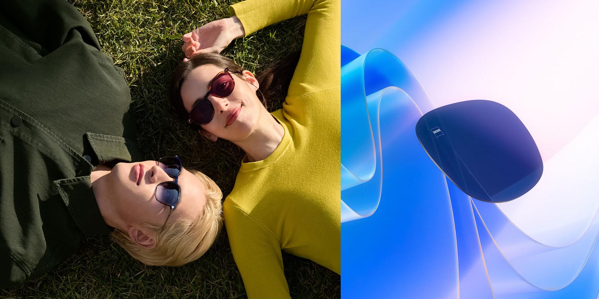 자이스 도수 선글라스를 착용한 남녀가 잔디밭에서 휴식을 취하며 하늘을 바라보고 있다. 착색 렌즈가 햇빛을 향해 떠가는 모습을 보여주면서, 착색 렌즈의 자외선 차단 능력을 설명하는 컴퓨터 그래픽 일러스트레이션 이미지