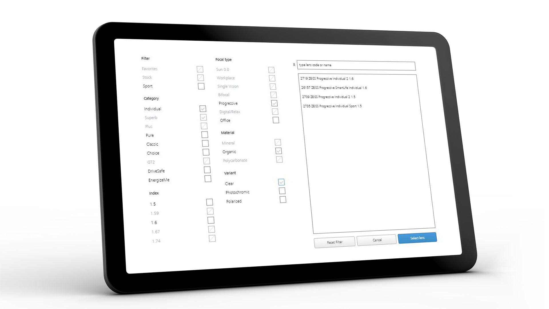 몇 가지 입력 도우미에 대한 자이스 비주스토어 인터페이스를 보여주는 태블릿 화면 