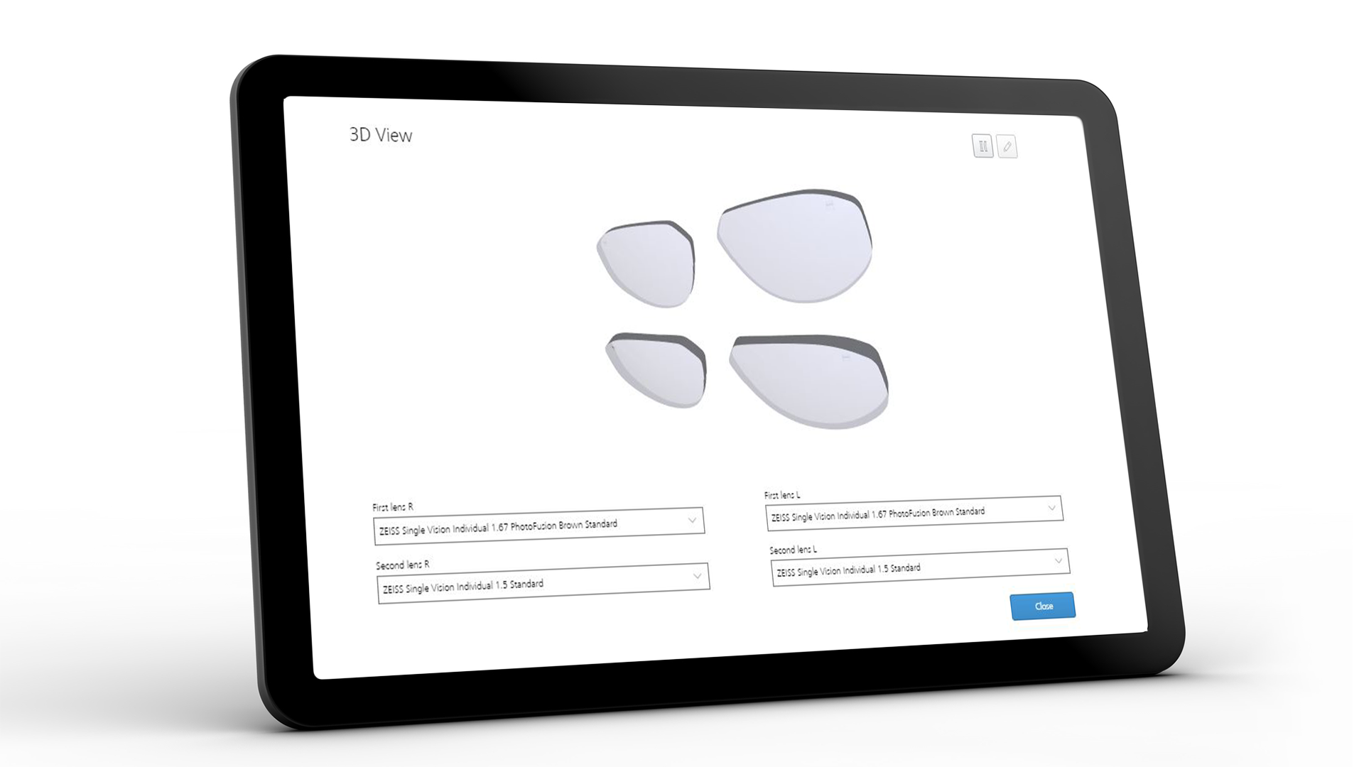 3D 보기에 대한 자이스 비주스토어 인터페이스를 보여주는 태블릿 화면 